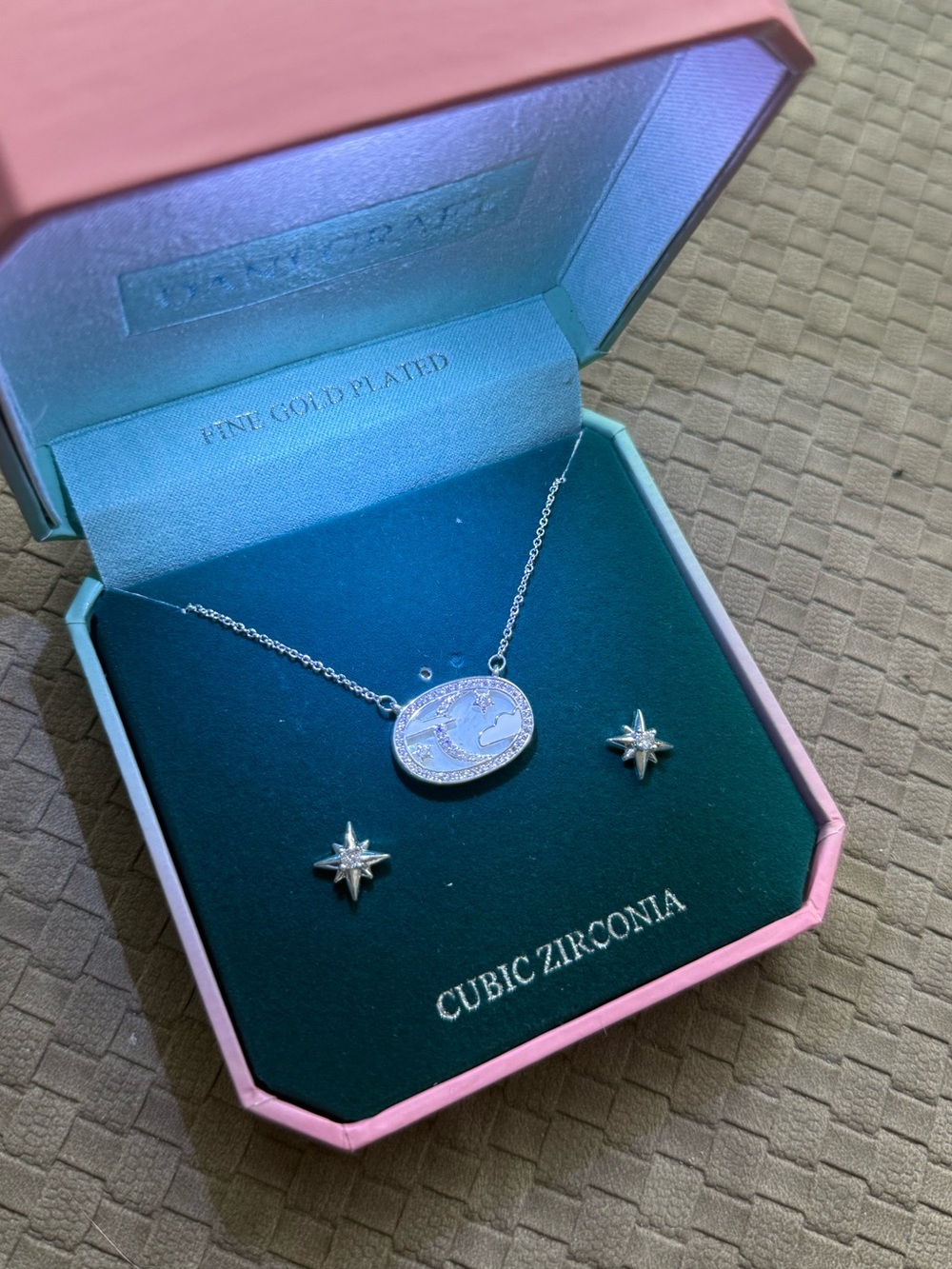 Gold plated silver tone Star & Moon Cubic Zirconia Necklace Set celestial NEW